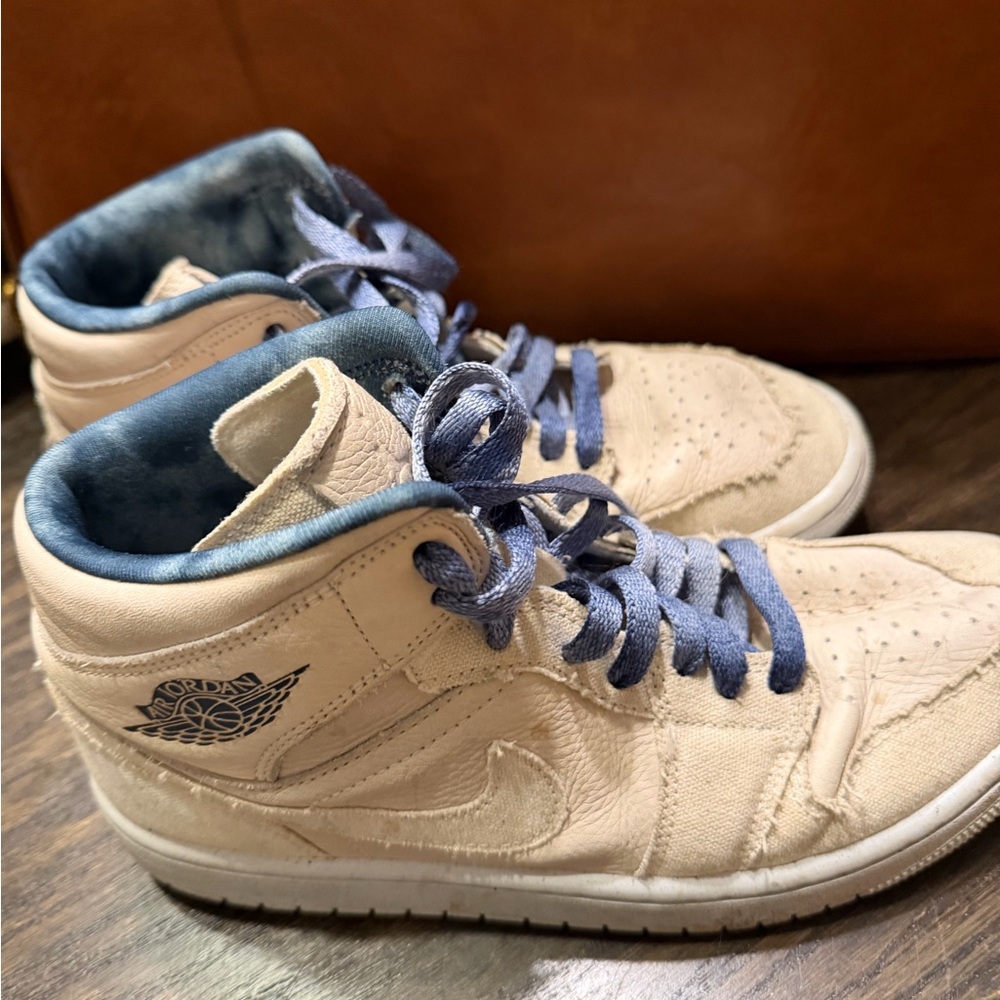 Cream and Blue High-Top Air Jordans Sneakers
